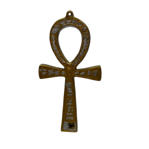 Vintage Ancient Egyptian Ankh Key of Life Wall Hanging Decoration (17 × 9 cm) – Golden & Silver Hieroglyphic Artifact