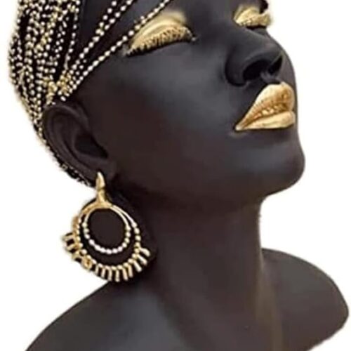 Elegant African-Inspired Bust Figurine | Black & Gold Decorative Sculpture with Beaded Headpiece