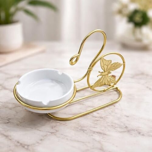 Metal Cigarette Holder with Ceramic Dish | Decorative Ashtray & Smoking Accessory for Home or Office
