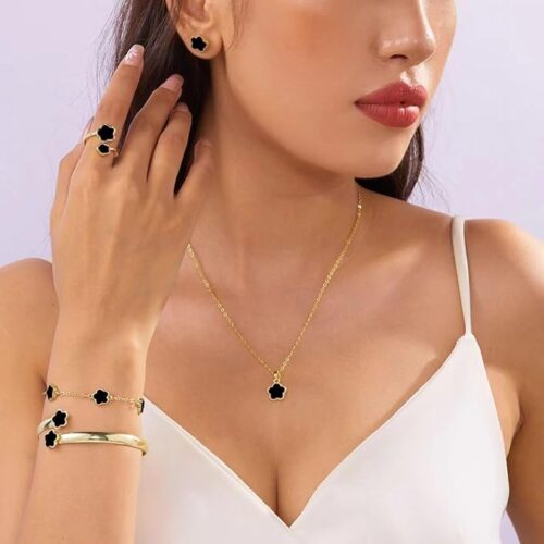 Lucky Flower Four-Leaf Clover Jewellery Set | 5-Piece Necklace, Bracelet, Bangle, Ring & Earrings Gift Set