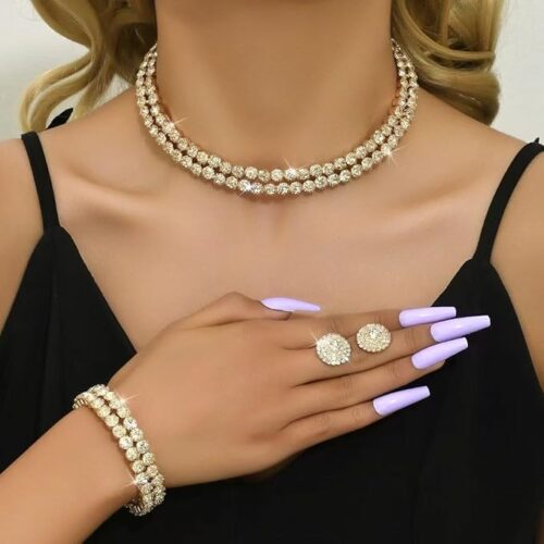 Women’s Double-Layer Rhinestone Jewellery Set | 3-Piece Sparkling Necklace, Bracelet & Earrings