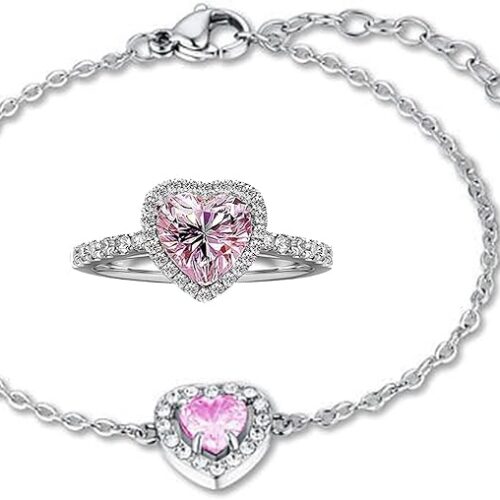 Julia Store Halo Heart Jewellery Set | Cubic Zirconia Ring & Bracelet Set for Women