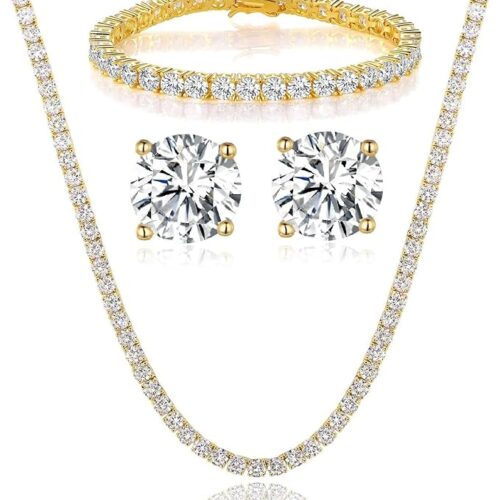 Gemsme 18K Gold Plated Jewellery Set | Tennis Necklace, Bracelet & Earrings for Women