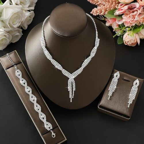 3-Piece Rhinestone Jewellery Set | Necklace, Bracelet & Earrings for Weddings and Evening Parties