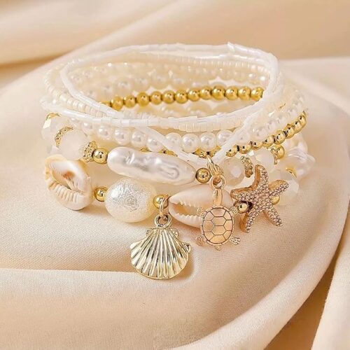 7-Piece Beach Shell Starfish Bracelet Set | Bohemian Ocean-Inspired Bracelets for Women