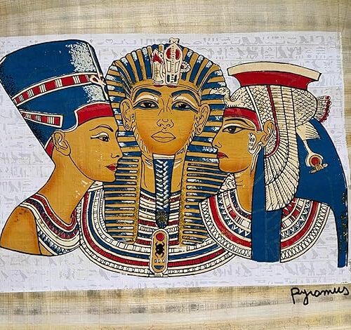 Podświetlany papirus z Tutanchamonem, Nefertiti i Kleopatrą | Ręcznie wykonana egipska dekoracja ścienna, 30 x 40 cm
