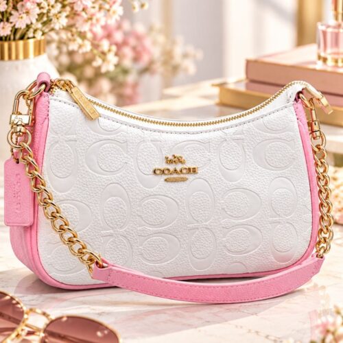 White and Pink Women’s Shoulder Bag with Embossed Print – Elegant Crossbody Bag