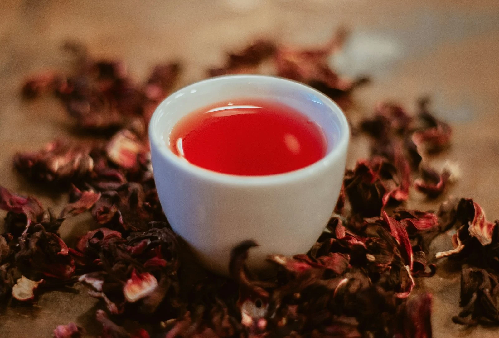 Cup of ruby-red karkadeh hibiscus tea