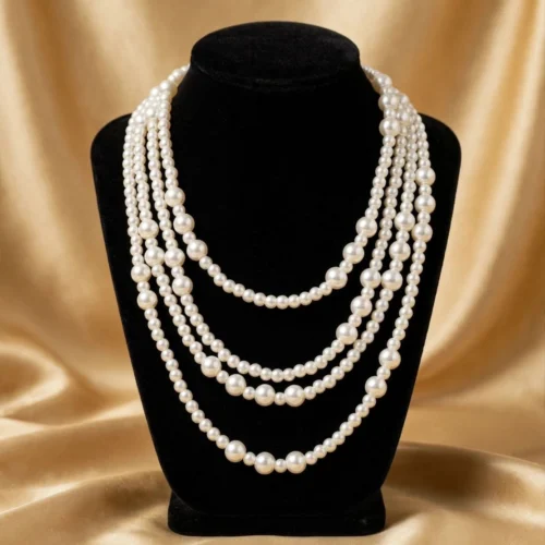 Five-strand white faux pearl necklace cascading over a black velvet bust in front of gold satin