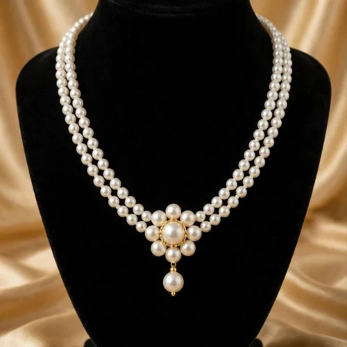 Double-strand white faux pearl necklace with pearl flower centrepiece and drop on a black velvet bust